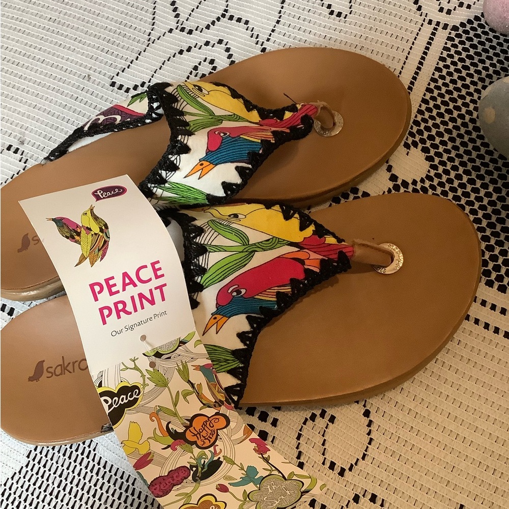 Sakroots Pink and Yellow Sandals Vibrant Floral Bird Peace Design
